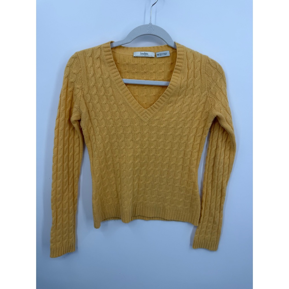 Neiman Marcus Cable Knit V-Neck Sweater Womens XS Yellow 100% Cashmere Luxury